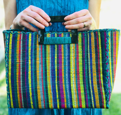 Stevie Square Straw Handbag with Horn Handles: Turquoise Stripes