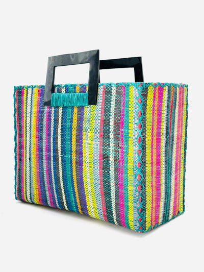 Stevie Square Straw Handbag with Horn Handles: Turquoise Stripes