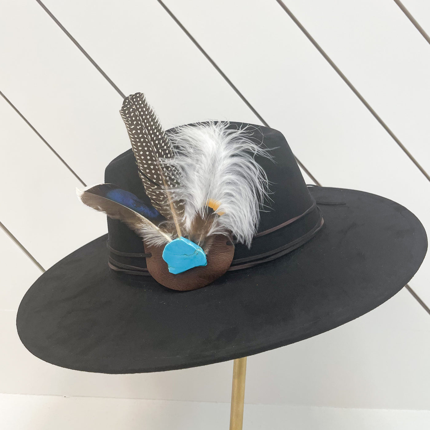 Boho Western Hat Blue Turquoise and Tan Feather