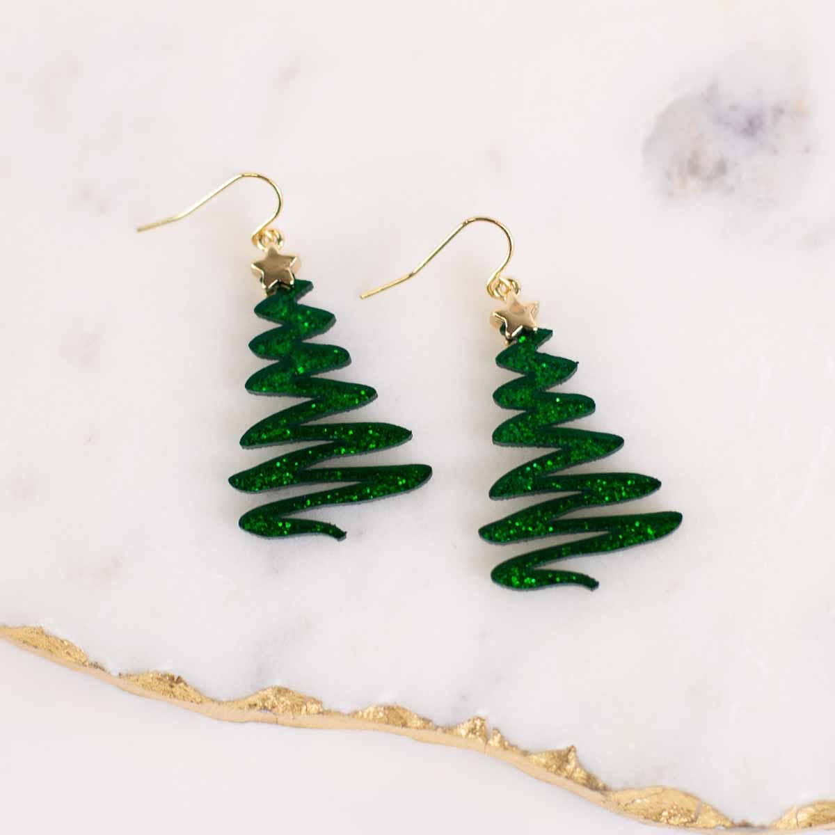 Christmas Tree Acetate Earrings Green 2"
