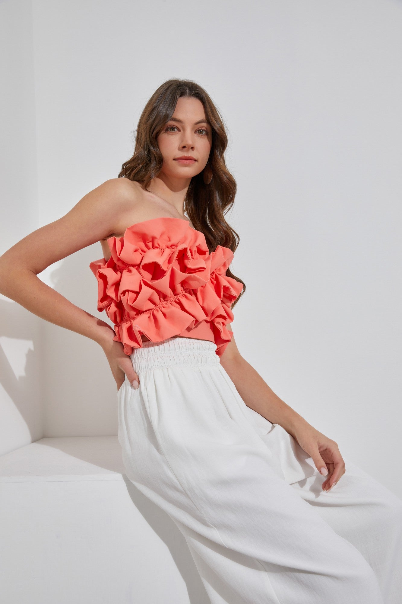 Coral Ruffled Strapless Top