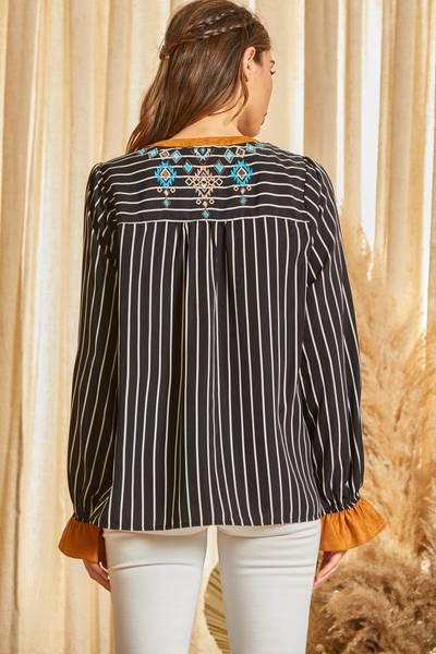 Daphne Striped Top With Aztec Embroidery
