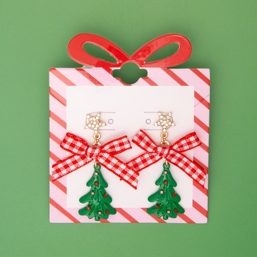 Christmas Tree Earrings with Red Check Bow