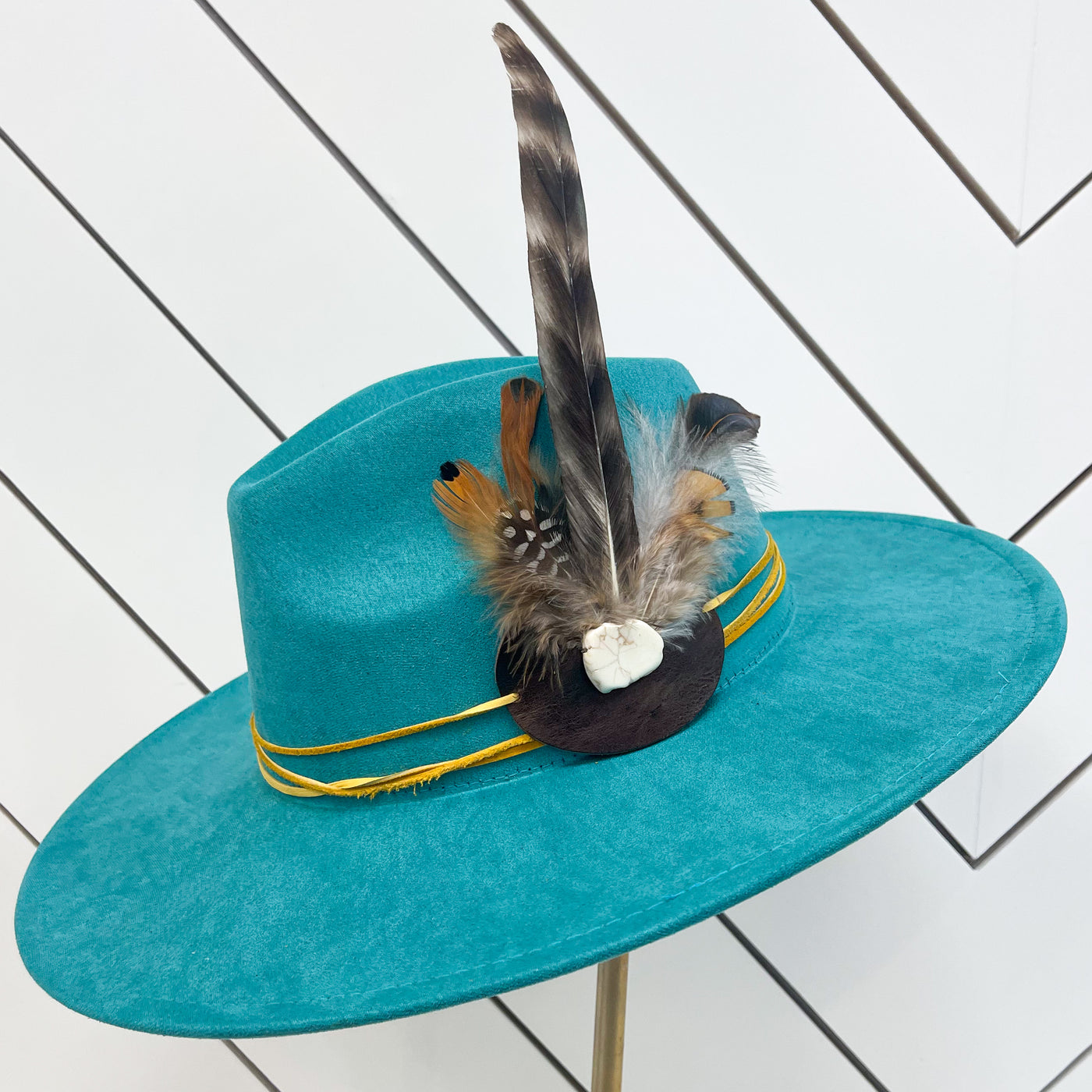 Boho Western Hat  White Turquoise and Yellow Feather