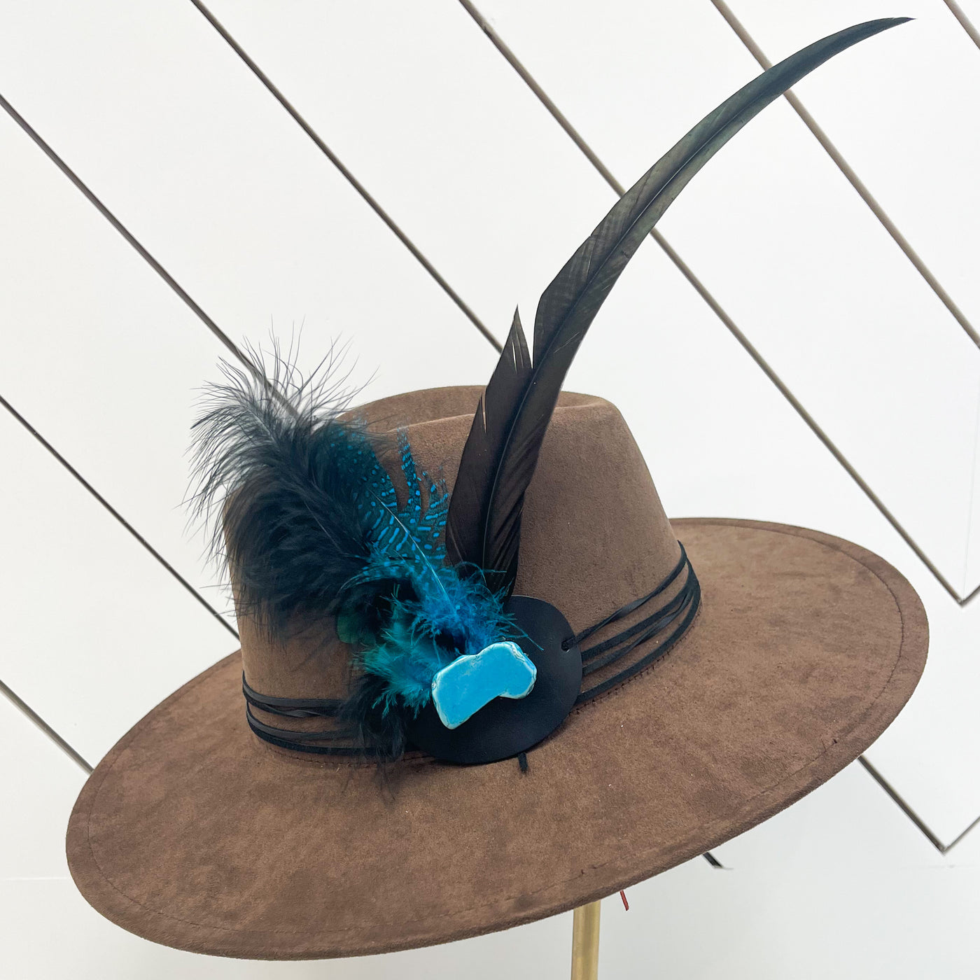 Boho Western Hat Blue Turquoise and Black Feather