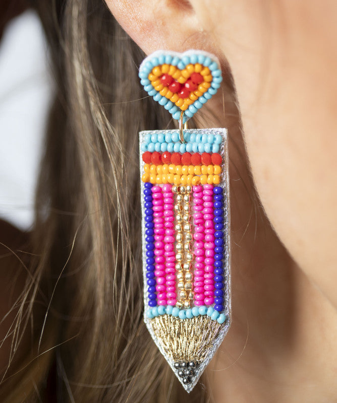 Teacher Earrings (Bead Heart Pencil)