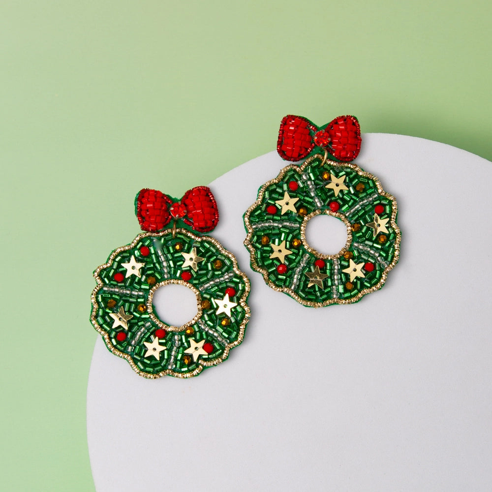 Christmas Wreath Beaded Earrings