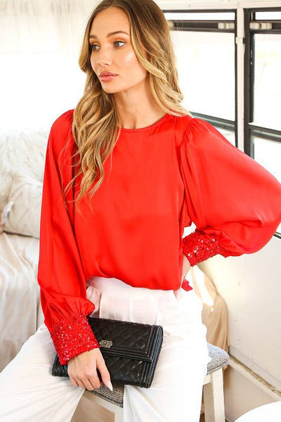 Rosalind Sequin Cuff Satin Top (Red)