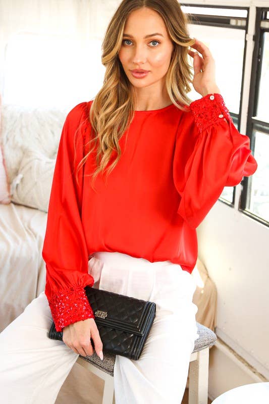 Rosalind Sequin Cuff Satin Top (Red)