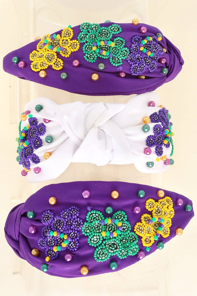Mardi Gras Tricolor Beaded Knotted Headband: Purple