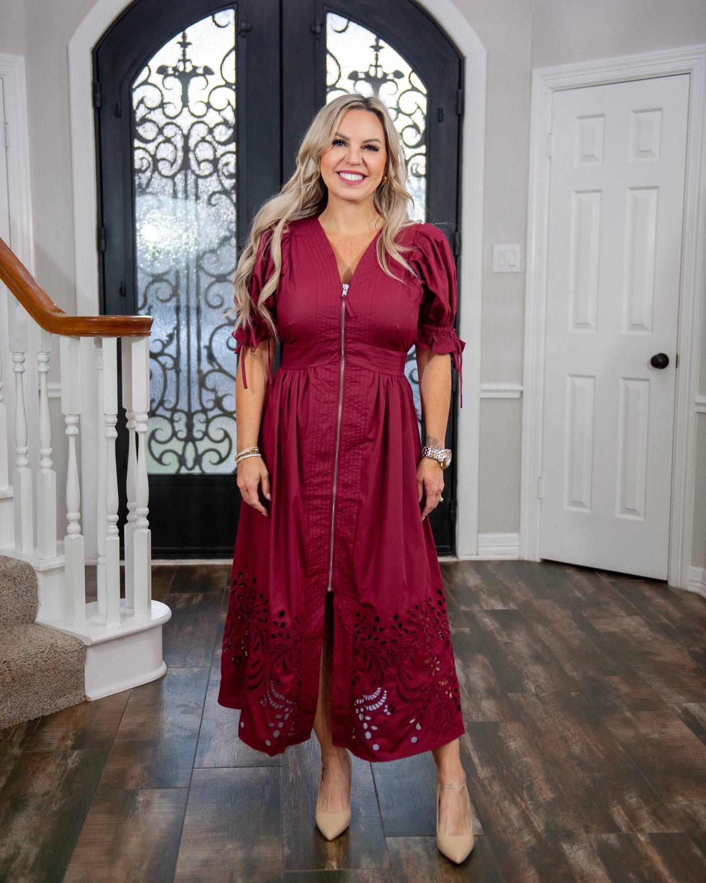 Evelyn Garnet Embroidered Dress