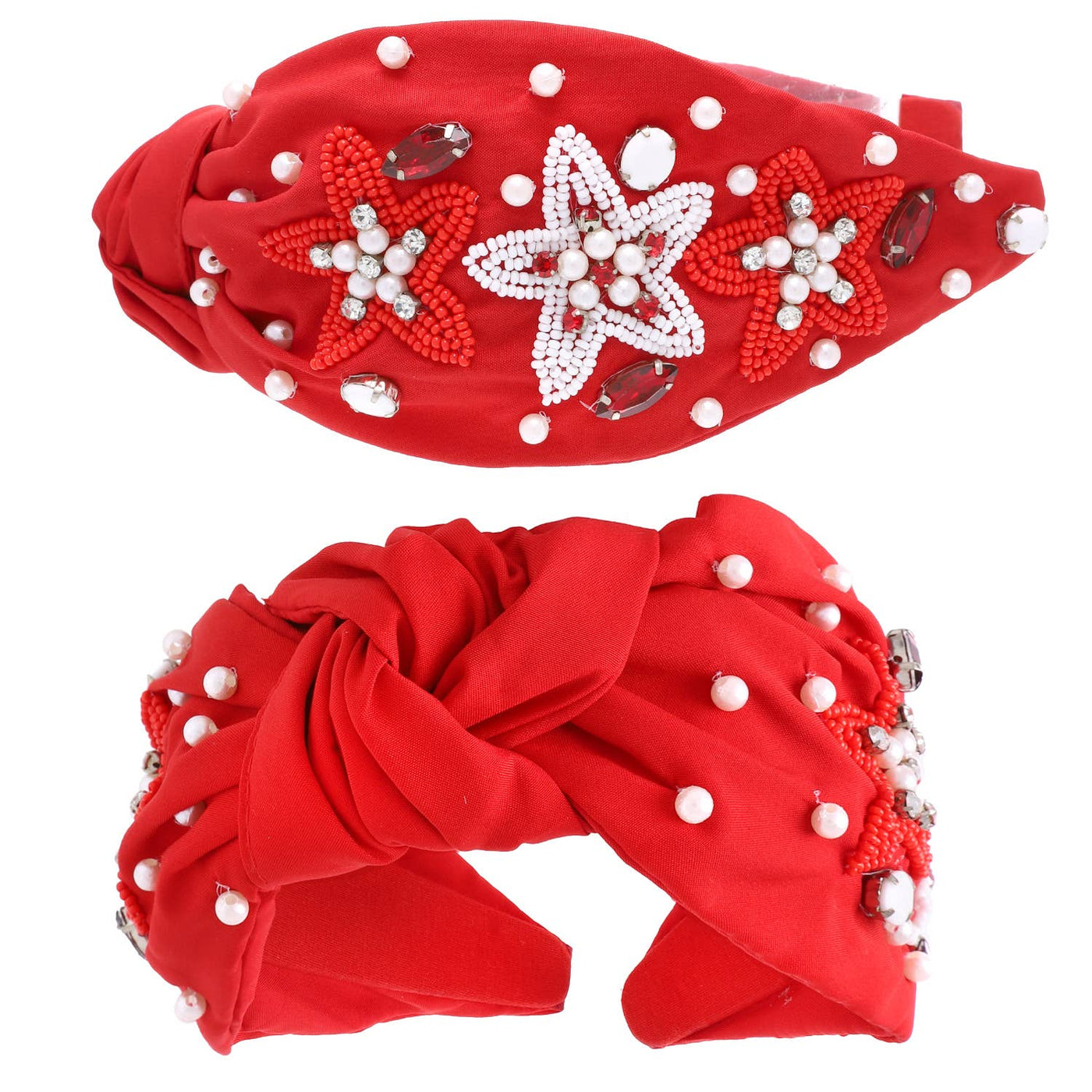 Christmas Beaded Star Knotted Headband: Red White