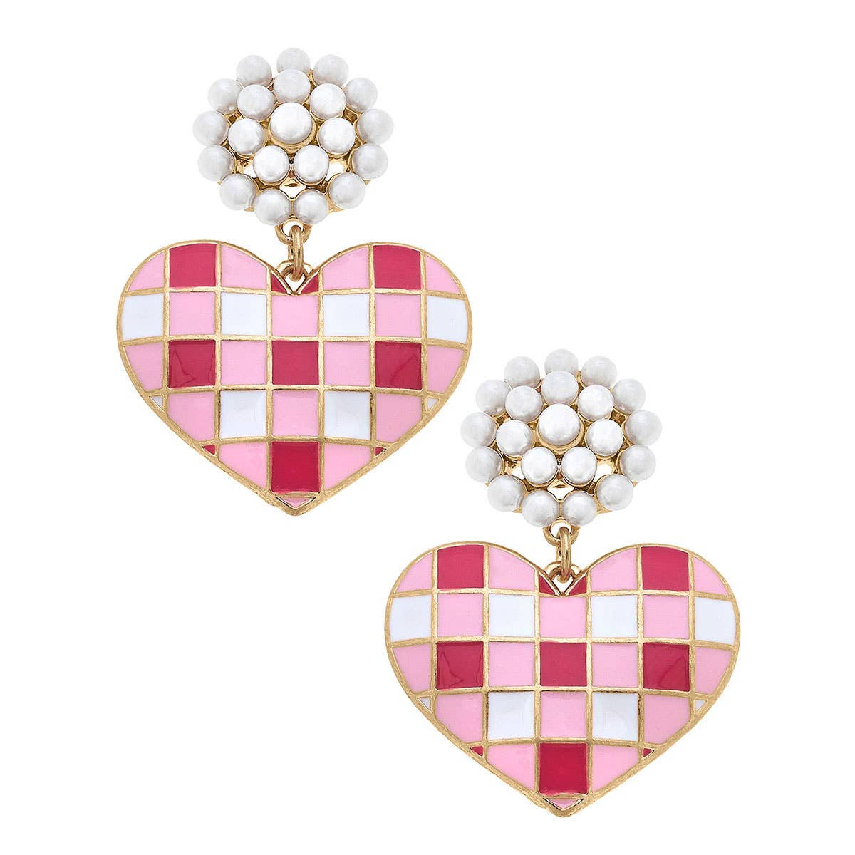 Emmy Gingham Heart Enamel Earrings in Pink & Fuchsia