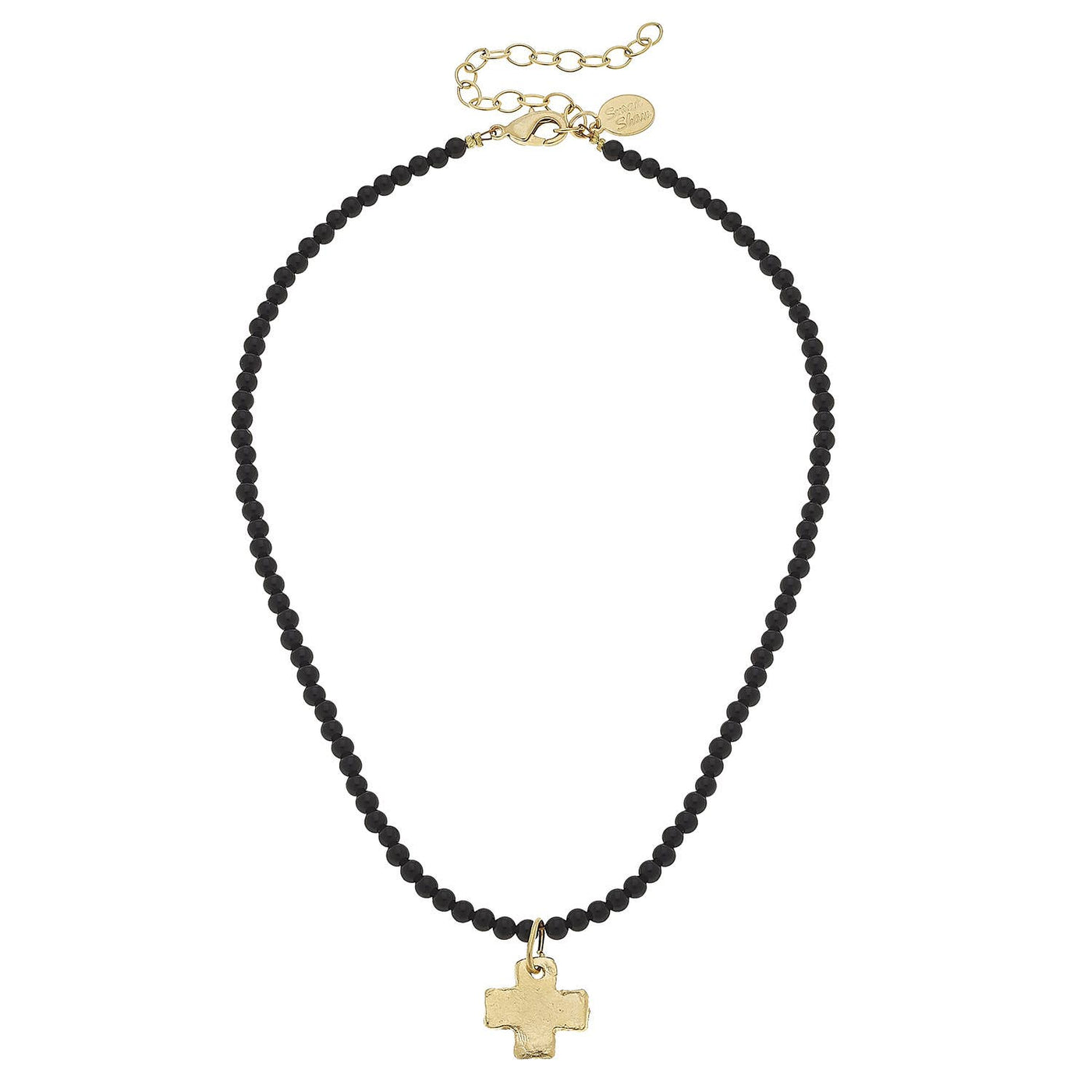 SS Gold Cross on Onyx Beaded Necklace