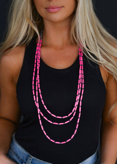 Three Strand Pink Tube Bead Necklace
