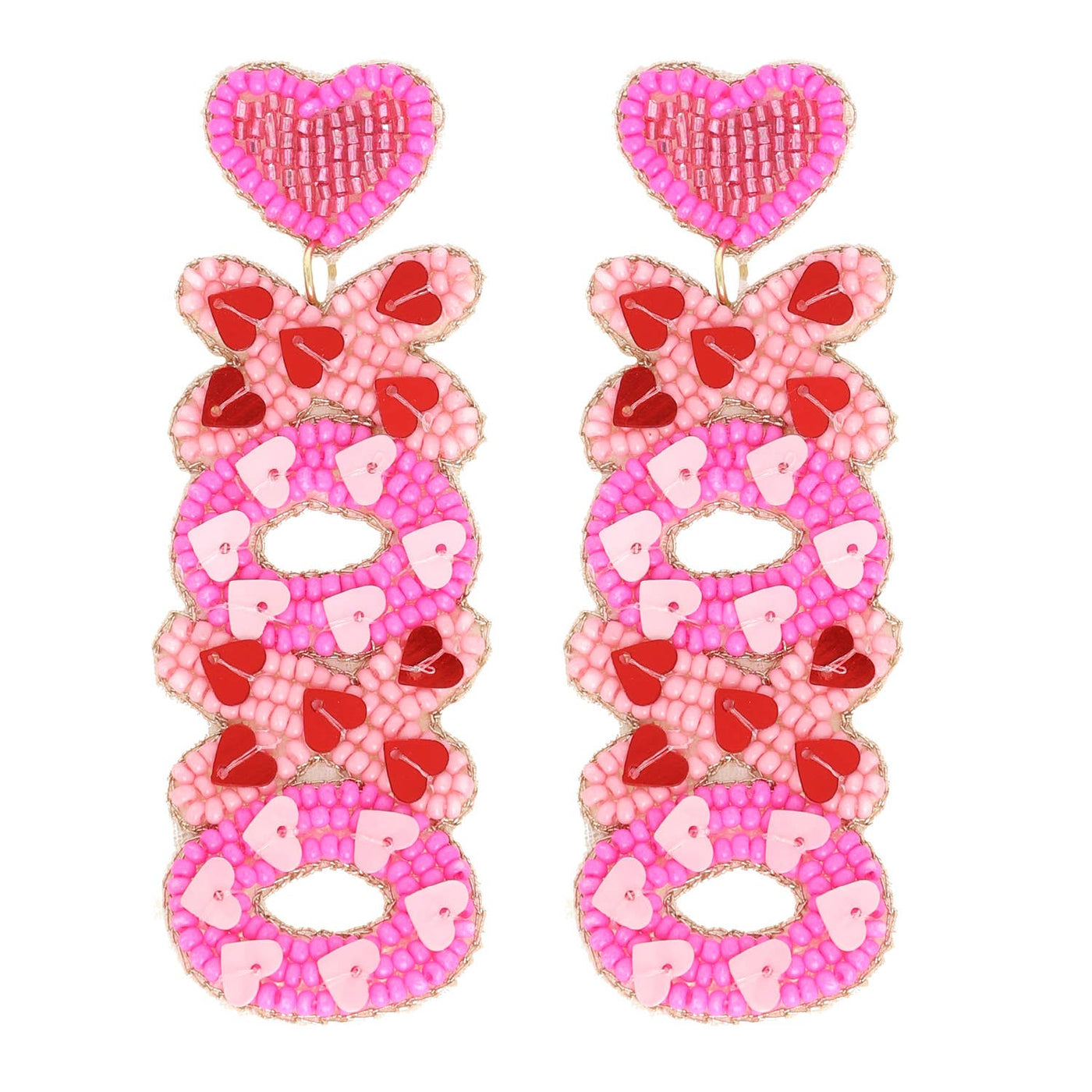 XOXO Beaded Embroidery Valentine Letter Earrings: Pink