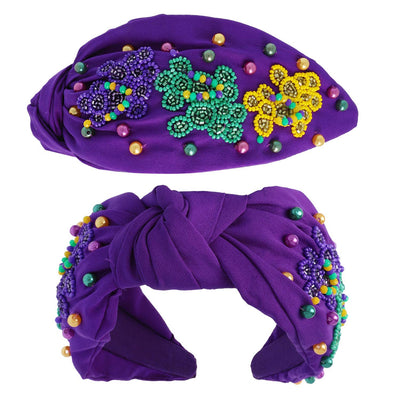 Mardi Gras Tricolor Beaded Knotted Headband: Purple