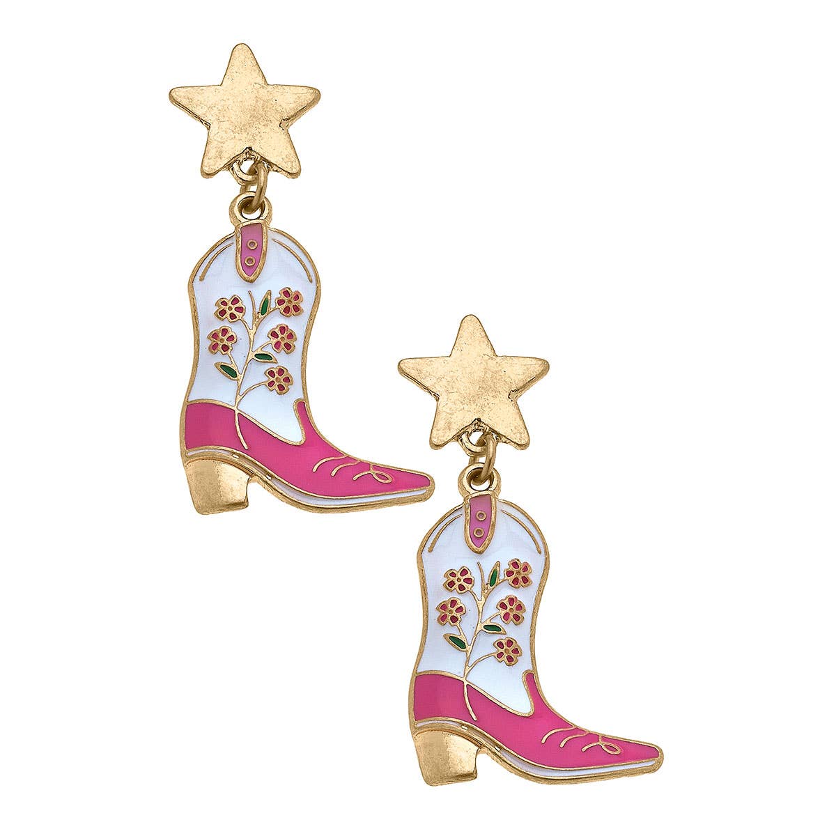Floral Cowgirl Boots Enamel Earrings in White