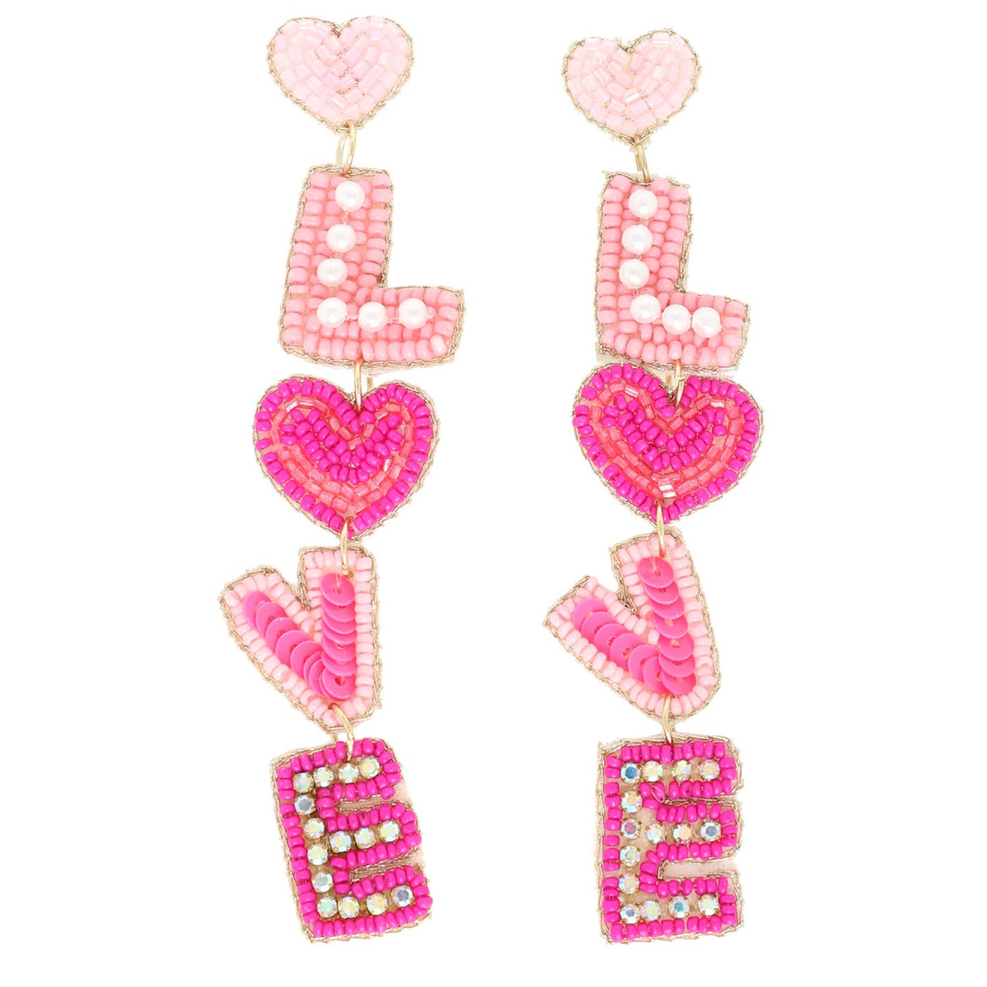 Love Valentine's Letter Jeweled Beaded Earrings: Pink