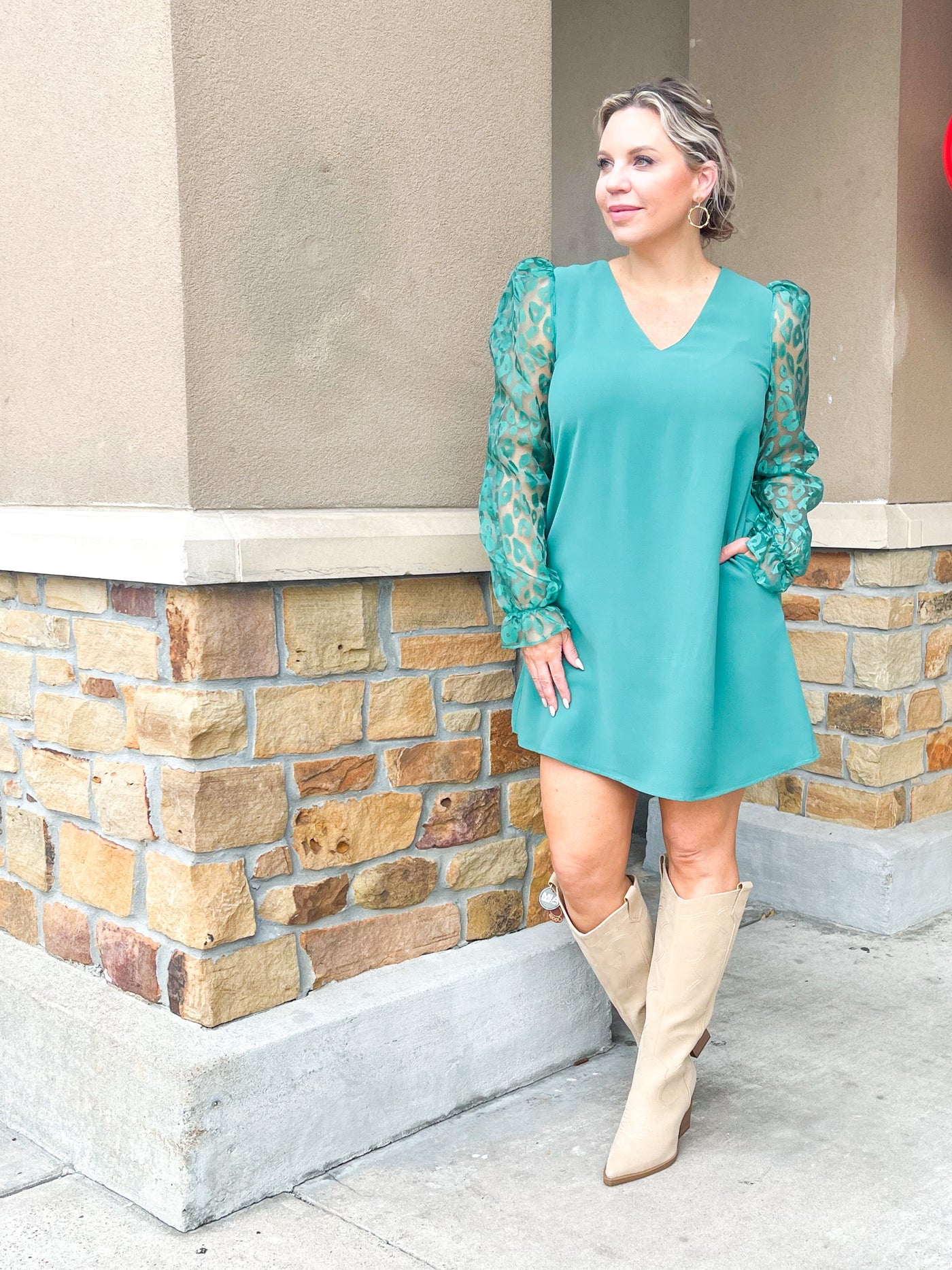 Shelby Leopard Sleeve Dress (Green)